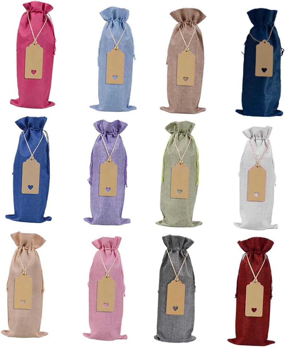 Holibanna 12pcs Burlap Wine Bottle Covers with Kraft Paper Tags, Drawstring Red Wine Bags for Party, Wedding, and Holiday Souvenir Packaging Random Color