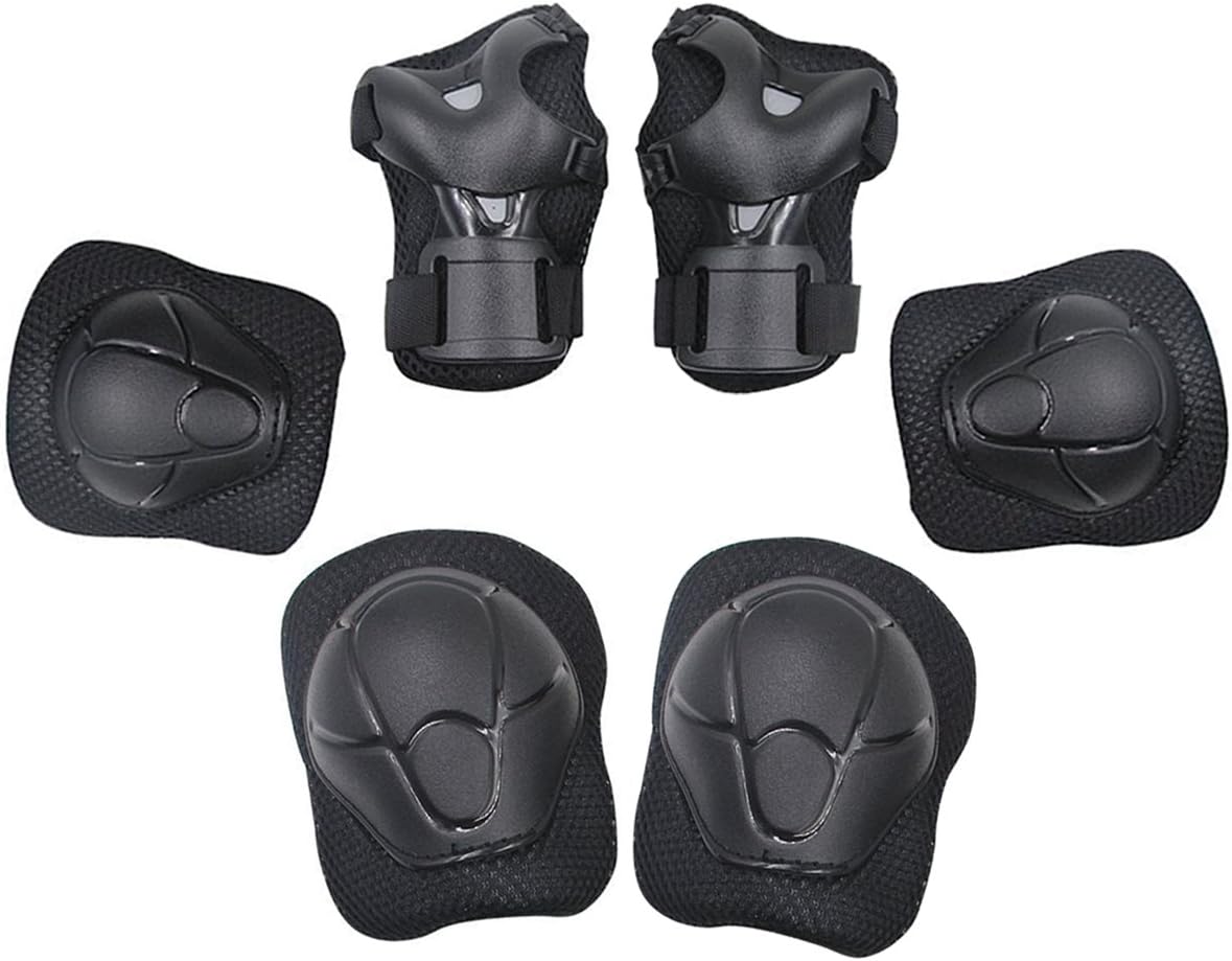Kids Cycling Inline Roller Skating Protective Gear Set, Knee Pads Elbow Pads Wrist Guards for Boys and Girls Pack of 6 (Black, Small)