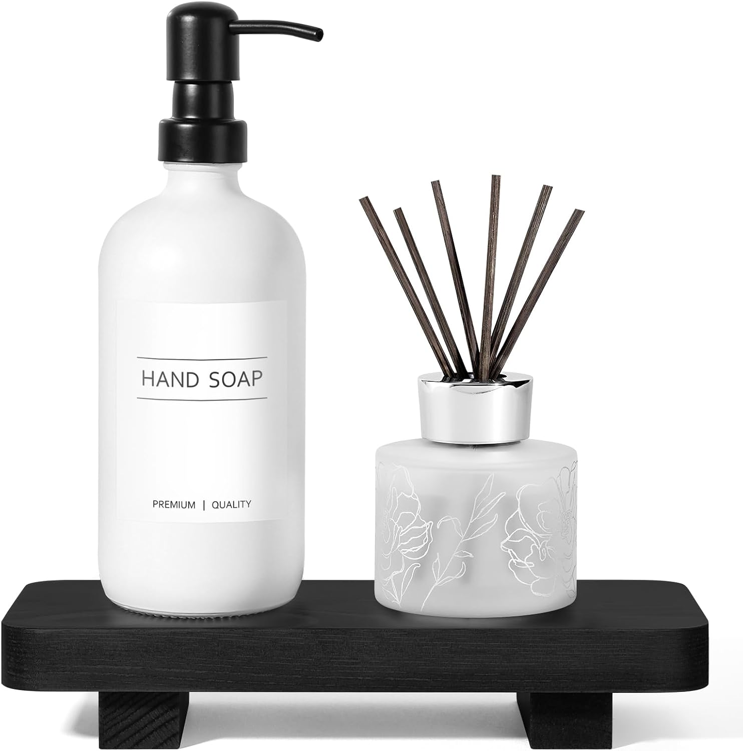 Bathroom Counter Decor Black Wood Tray Pedestal Stand Farmhouse Bathroom Accessories Decorative Wooden Riser Kitchen Soap Tray for Vanity, Counter, Sink