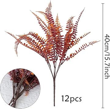 Pack of 12 Artificial Plants Yellow Brown Boston Fern Plastic Plants Artificial Decorative Plants Fern Artificial Plants Plastic for Indoor Outdoor Home Office Garden Decor