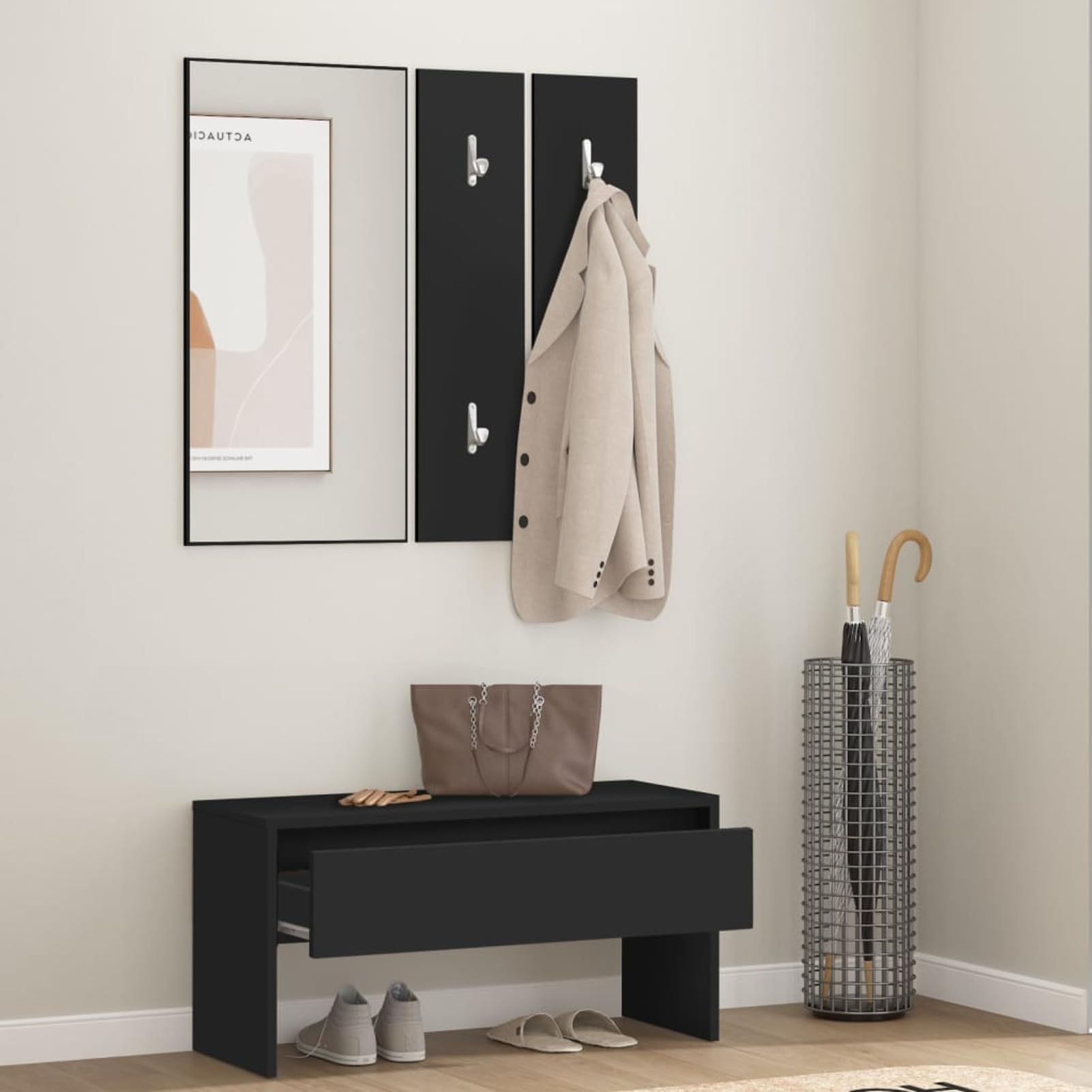 Gecheer Set aus schwarzen Flurmöbeln aus Holz, mehrschichtig, Eingangsmöbel, Eingangsmöbel mit Spiegel, Schuhschrank und Kleiderbügel, moderne Eingangsmöbel mit Spiegel