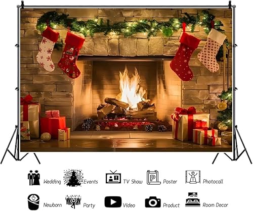 Miniatura 4 de Fondo de chimenea de Navidad de 7 x 5 pies, estufa de pared de ladrillo de leña de invierno, medias de Navidad, regalo de celebración, fotografía,
