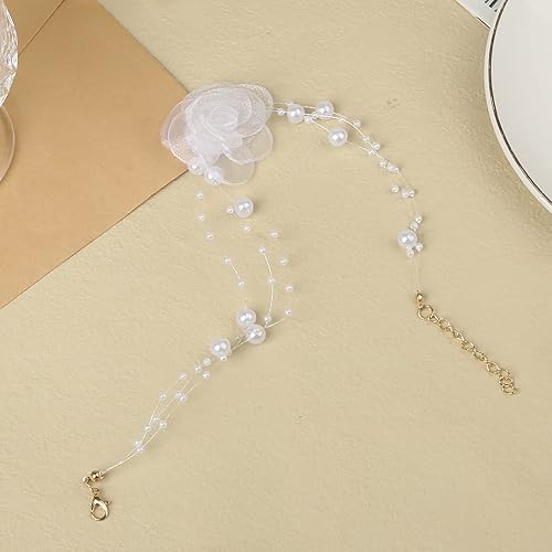 Miniatura 4 de Collares de flores para mujer, collar de flores de rosa, collar de flores de tela bohemia con cadena de perlas para mujer, novia, boda, fiesta,