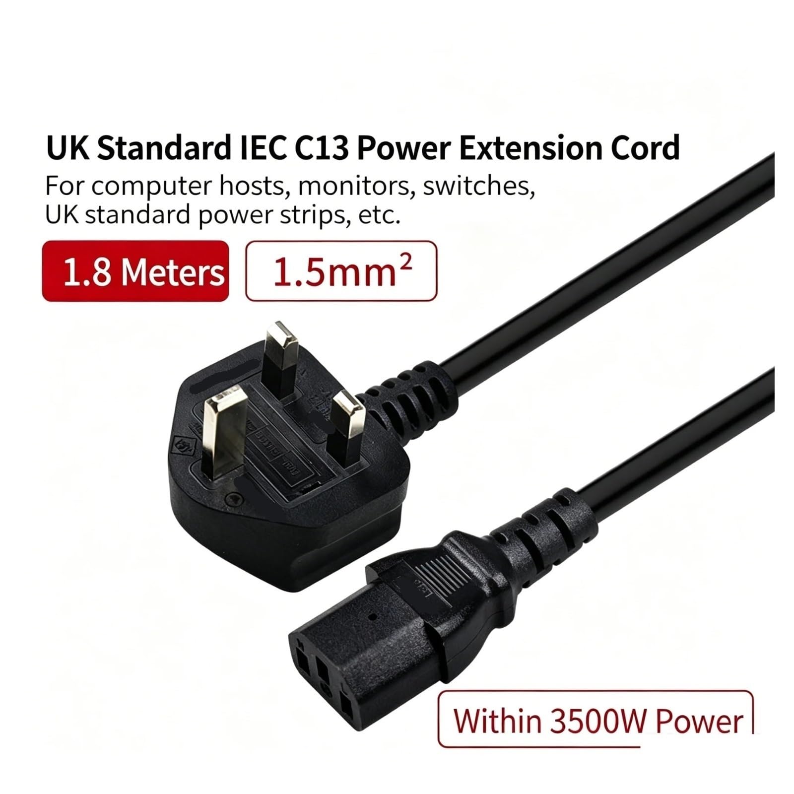 Spina USA Regno Unito UE al cavo di alimentazione IEC 320 C13 Cavo di alimentazione for computer resistente for stampante monitor PC UPS PDU(UK15-C13-1P5-1.8M)