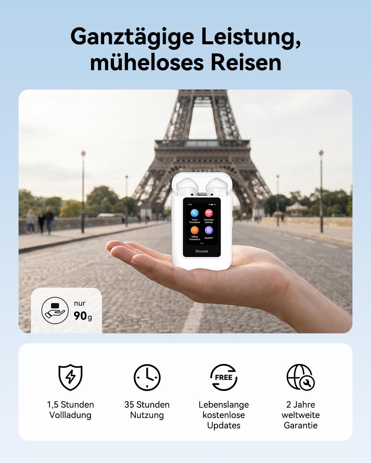 A8 Sprachübersetzer 2-in-1 – 144 Sprachen Echtzeit, Offline KI-Übersetzer mit Display & Ladecase