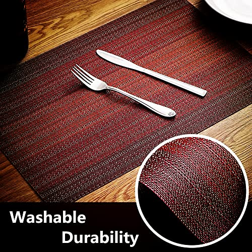 Image of Placemats, Washable PVC Table Mats, Woven Vinyl Placemat for Dining Table Place Mats Set (6 placemats and 1 Table Runner, Wine Red)