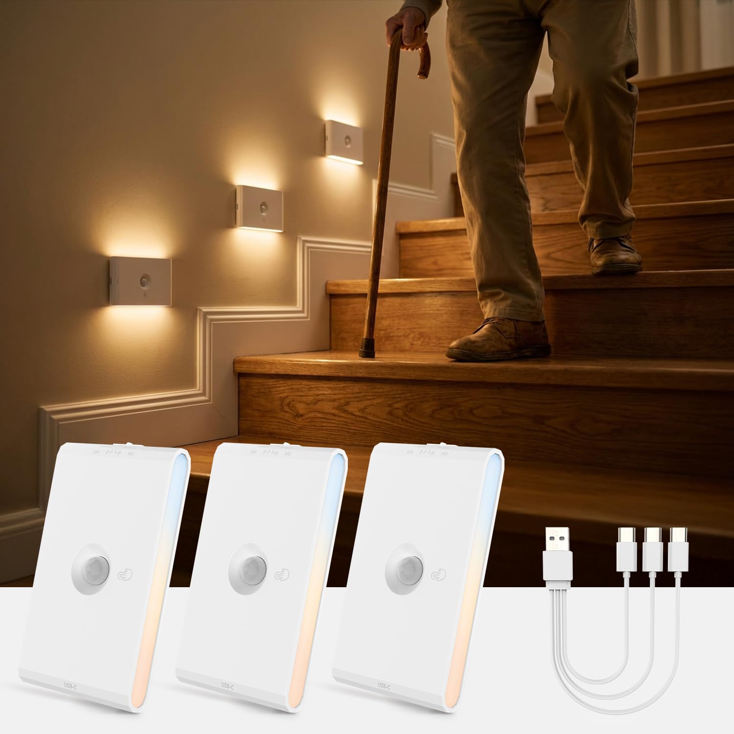 wowatt Rechargeable Motion Sensor Night Light, White Automatic Lights with Magnetic Mount, Dimmable Stair Lights Indoor for Stairway, Hallway, Kitchen, Bathroom(3 Packs)