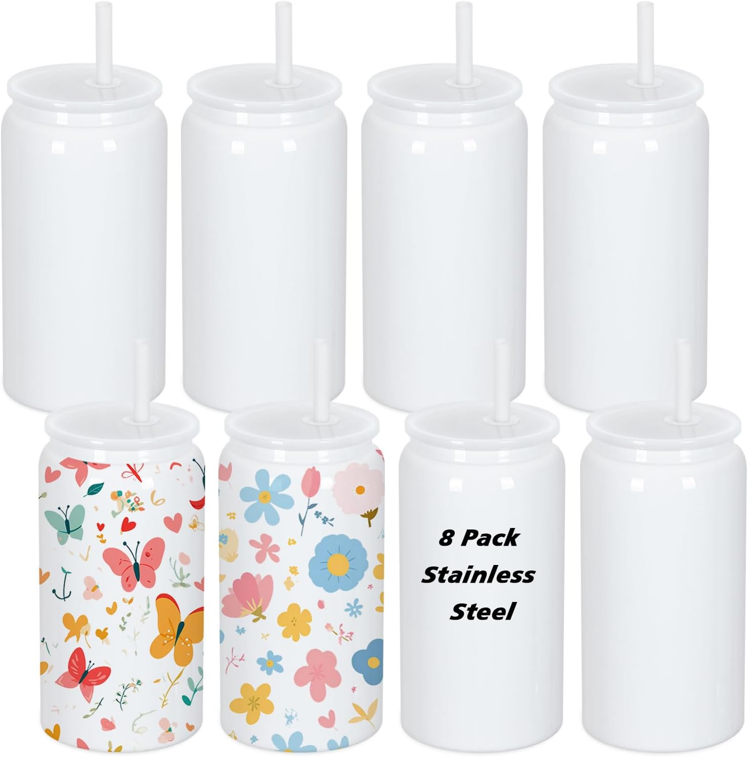 8 Pack 16 Oz Sublimation Can, Stainless Steel Double Layer Vacuum Insulation Sublimation Cups,16 Oz Beer Can, (White)