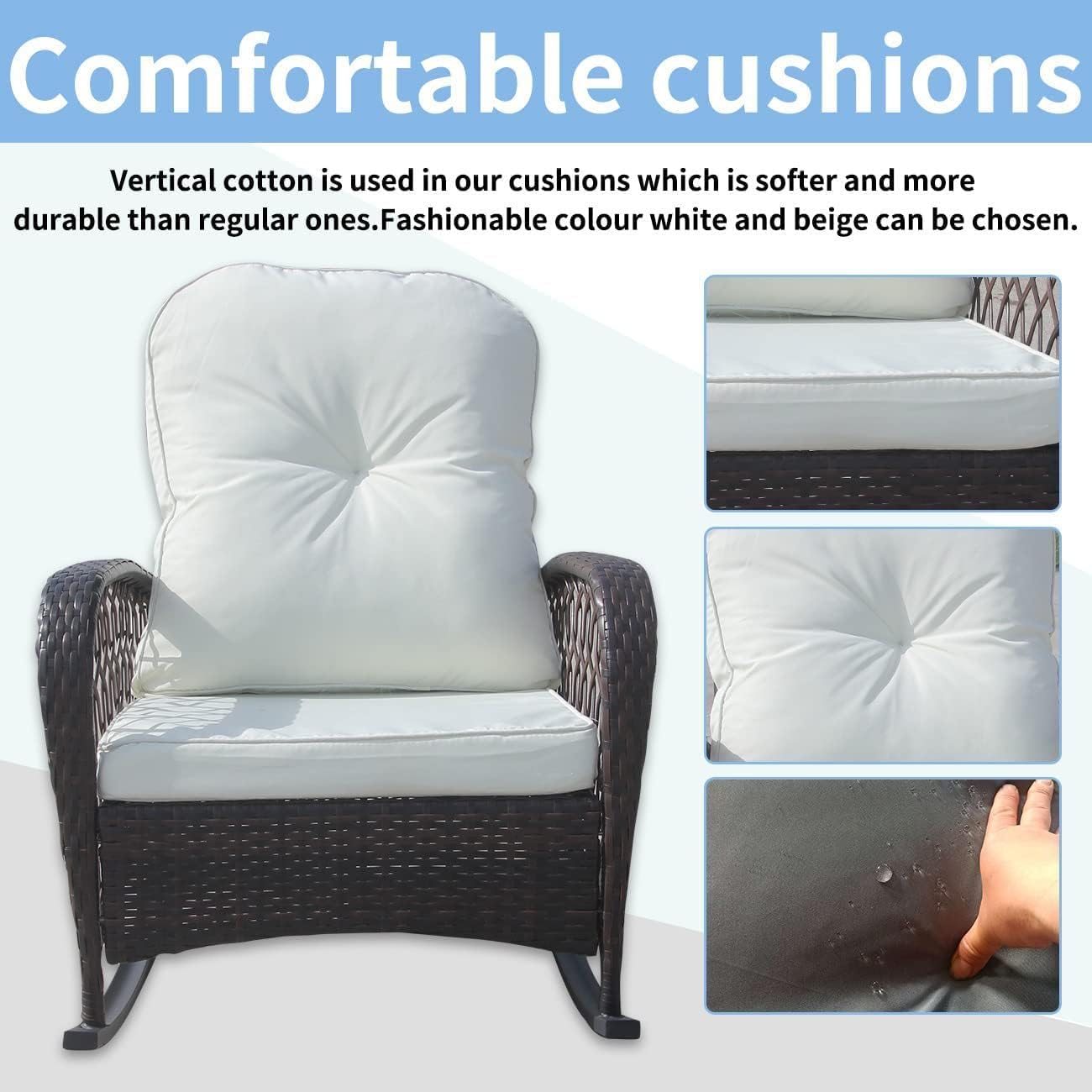 Outdoor Wicker Rocking Chair, Rattan Patio Rocker Chair with Cushion, Garden Rattan Sofa All-Weather Patio Rocker Chairs Weight Capacity 330lbs - Brown with White Cushion