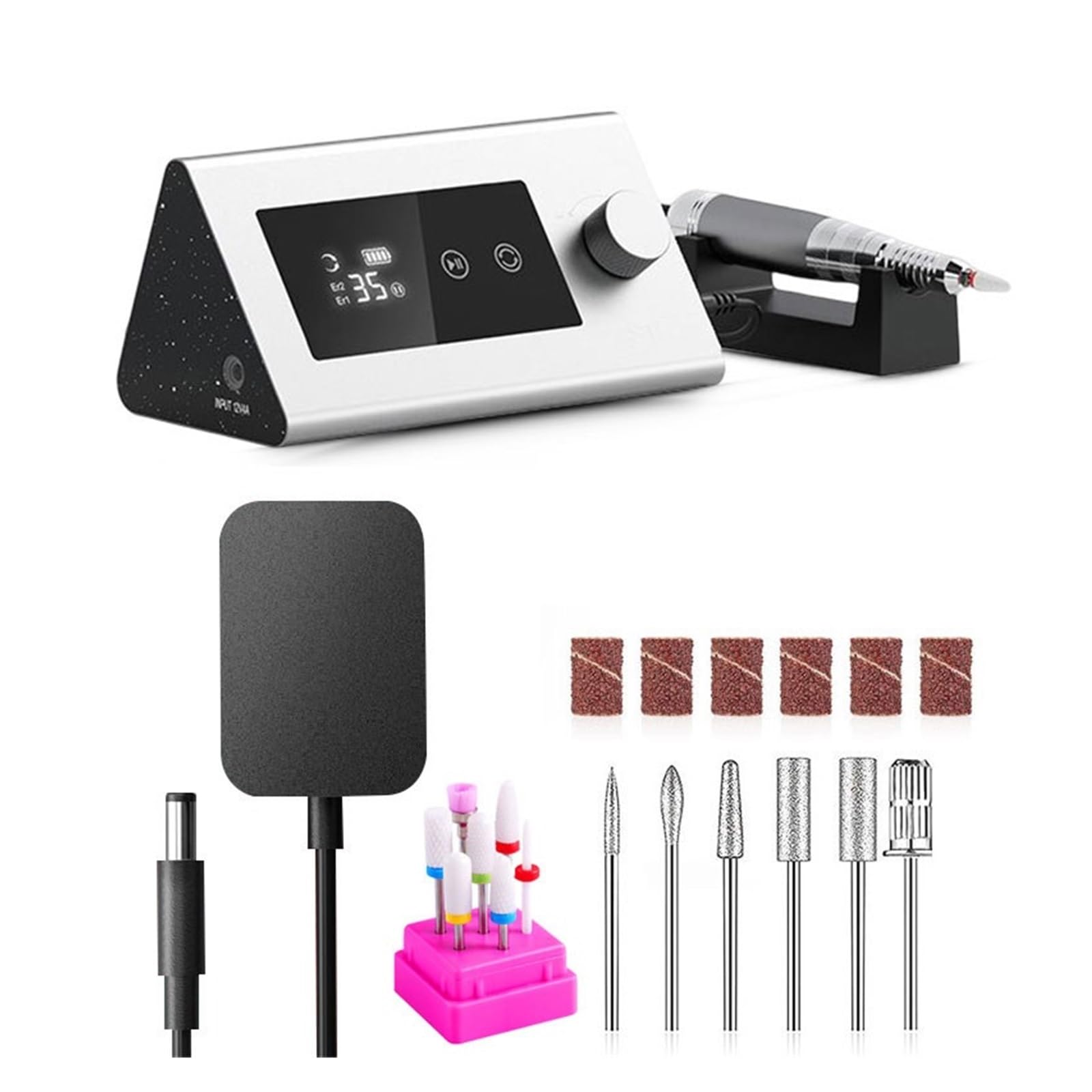 Wiertarka do paznokci, 35000 obr./min elektryczna wiertarka do paznokci maszyna Manicure naprawy dłoni i stóp zestaw noży manicure żel polerka wyposażenie salonu(White-Set)