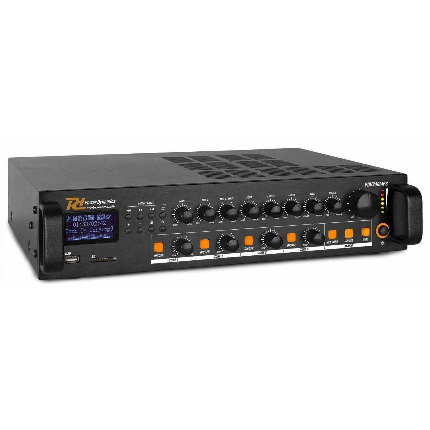 Power Dynamics PDV240 - Amplificador Mezclador 4 Zonas 240W con Reproductor USB SD Radio FM Bluetooth Mic 3X entradas Alarma Fuego 100V 8 Ohm Rack 19” Ecualizador Emergencia