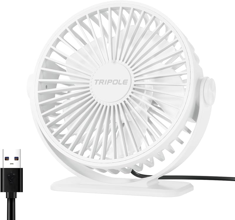 Desk Fan USB Powered Small Portable, 360°Rotation Mini Personal Fan | White, 3 Speeds Plug In USB Fan, Desk Fans Small Quiet, 4.9ft Cable, Strong Breeze for Desktop Bedroom Office Table Travel
