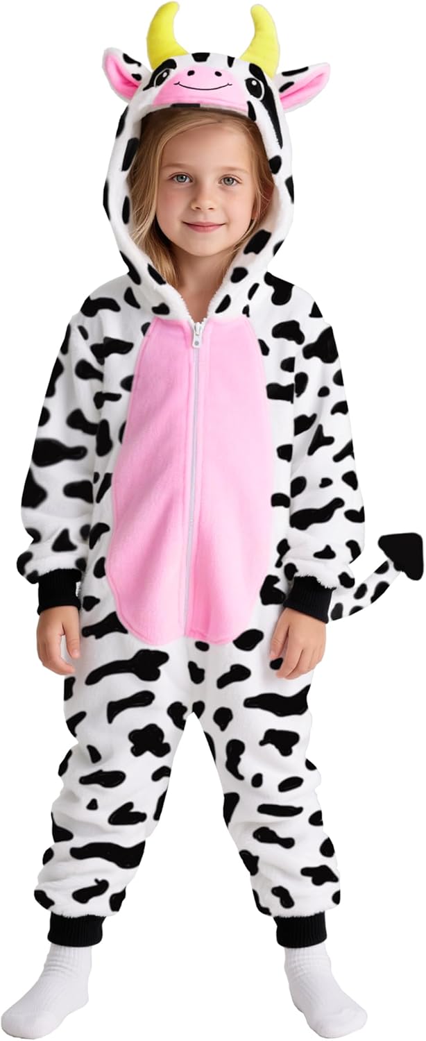 Cow Costume Kids Girls Animal Onesie Pajamas Halloween Party Dress Up