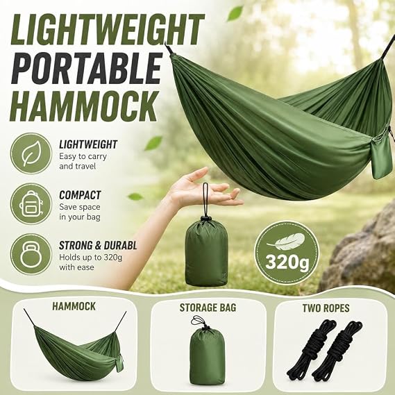 Camping Hammock Lightweight, Portable Hammocks Parachute Hammock with Two Tree Straps,Portable Hammocks with Tree Straps & Attached Carry Bag, Perfect for Outside Indoor Hiking Beach Backpack Travel