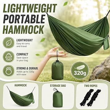 Camping Hammock Lightweight, Portable Hammocks Parachute Hammock with Two Tree Straps,Portable Hammocks with Tree Straps & Attached Carry Bag, Perfect for Outside Indoor Hiking Beach Backpack Travel