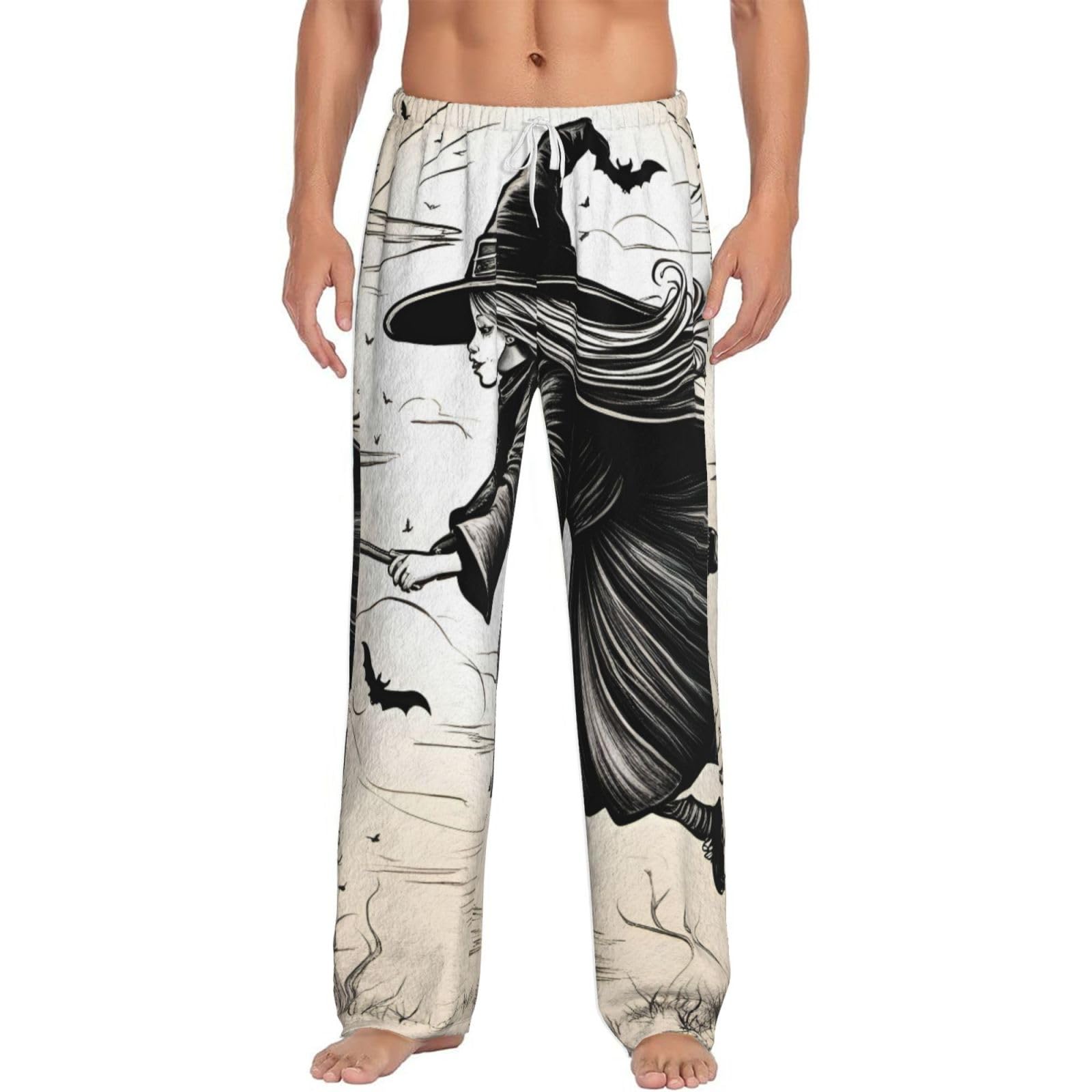 Pantalones de pijama de Halloween con estampado de bruja voladora para hombre, pantalones de pijama de forro polar, pijamas a cuadros con bolsillos