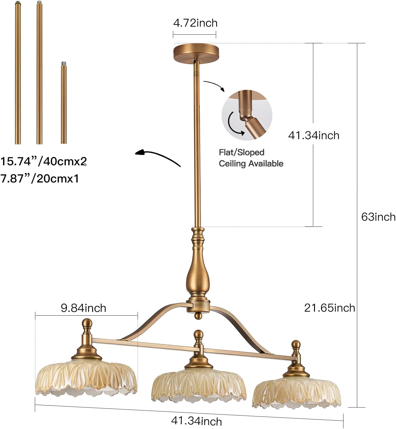 HDDFL Chandeliers Pendant Light Fixture Vintage Pendant Lighting Fixtures 3 Lights Chandelier Kitchen Glass Hanging Lamp for Island Dining Living Room Brass and Brown