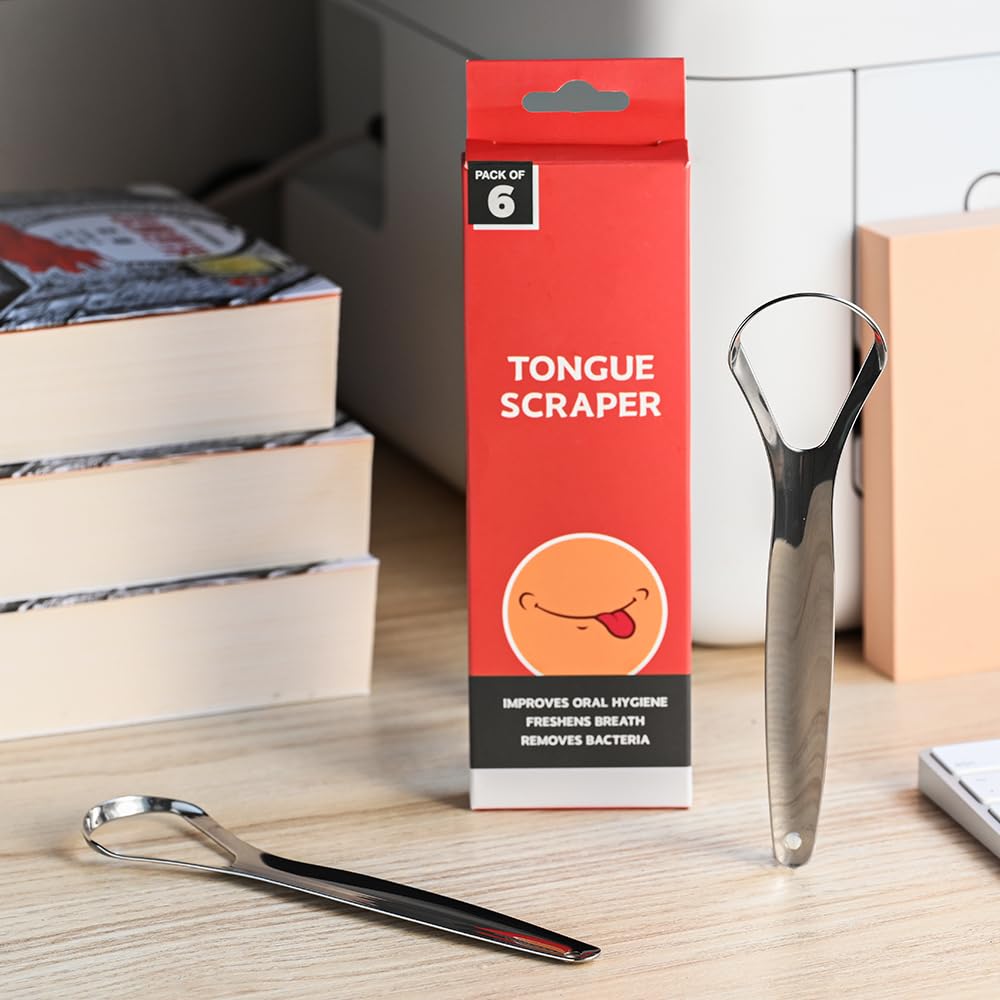 VIWIK Paquete de 6 raspadores de lengua de acero inoxidable, sin BPA, fácil de usar, suave con la lengua, promueve el aliento fresco y la higiene bucal, duradero, resistente al óxido, adecuado para
