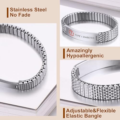 Miniatura 3 de Bandmax Pulsera de alerta médica de acero inoxidable personalizada con identificación de emergencia elástica para diabéticos, joyería de alerta