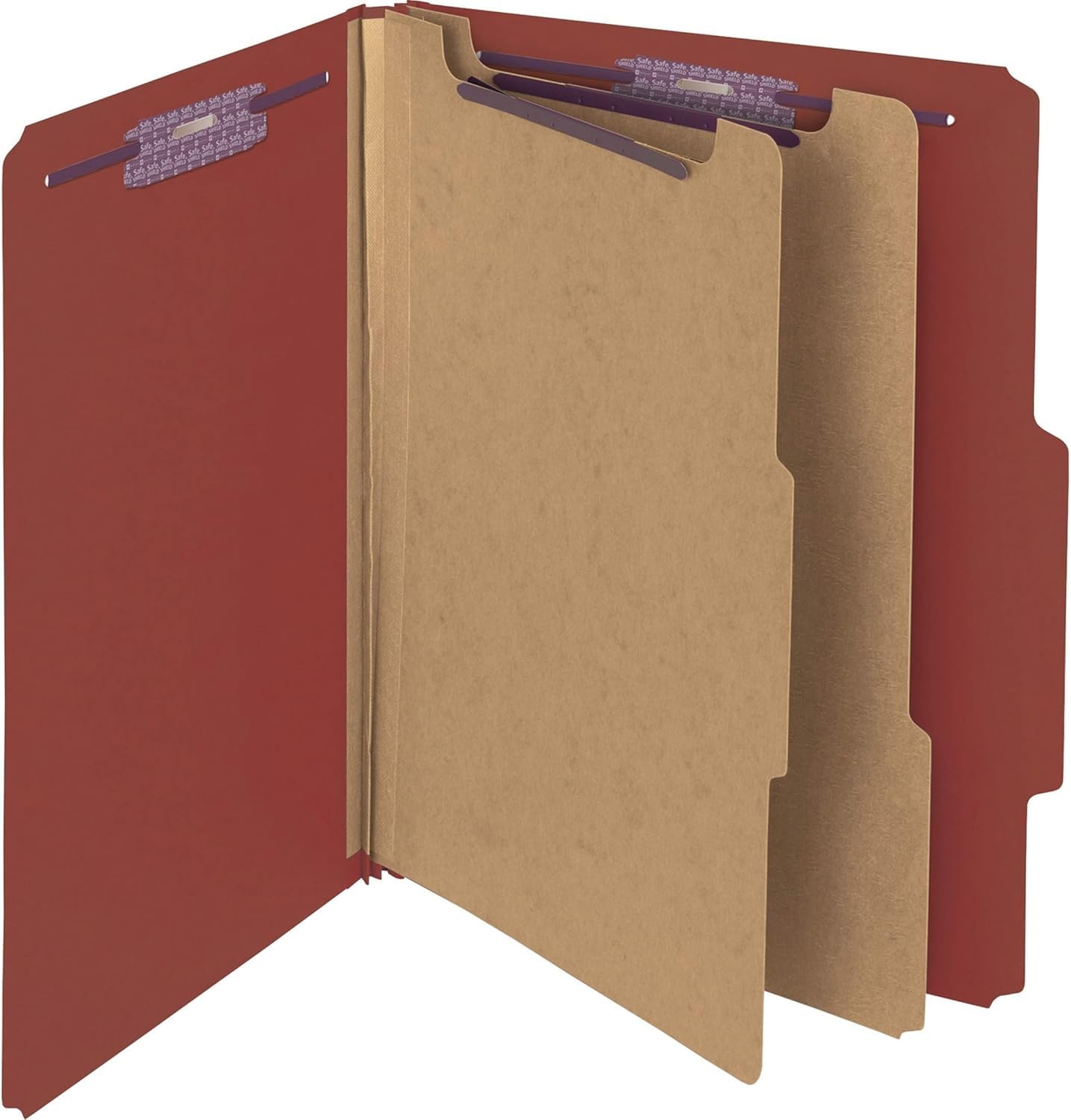 Smead Pressboard Classification File Folder with SafeSHIELD® Fasteners, 2 Dividers, 2" Expansion, Letter Size, Red, 10 per Box (14075)