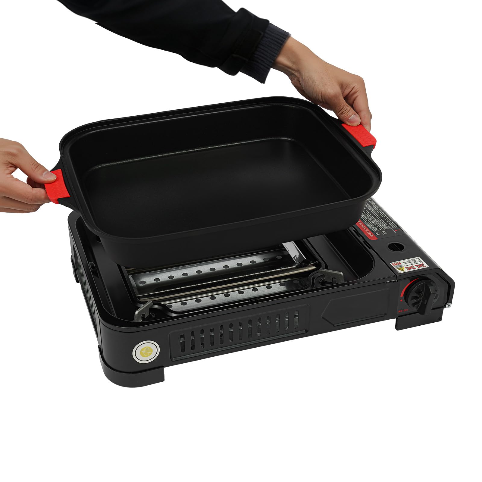 Barbacoa de gas para camping, pequeña 2,1 kW, hornillo de gas con placa de parrilla y tapa de cristal, para camping, bidón de butano, hornillo de camping para interiores, exterior (con asa)
