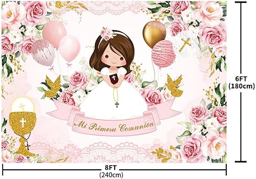 Vista 13 de Fondo de bautismo de 7 x 5 pies para niña, Mi Primera, Comunión, Bautizo, Fotografía, Dios bendiga la primera comunión, globo de cáliz Mi Bautizo