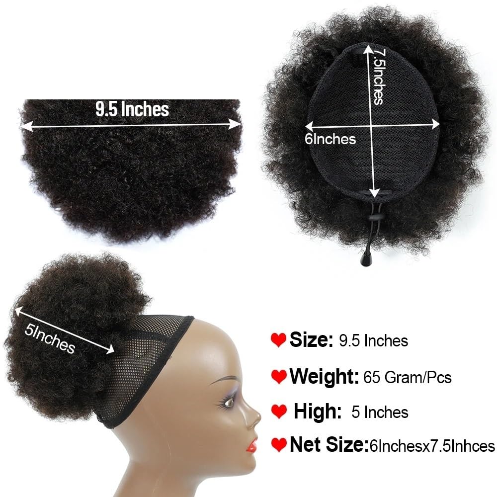 Pferdeschwanz Mit Kordelzug, Echthaar, Brasilianisches Kurzes, Lockiges Pferdeschwanz Mit Kordelzug, Afro-Puff-Dutt, Chignon-Zubehör Daily Wear(Black)