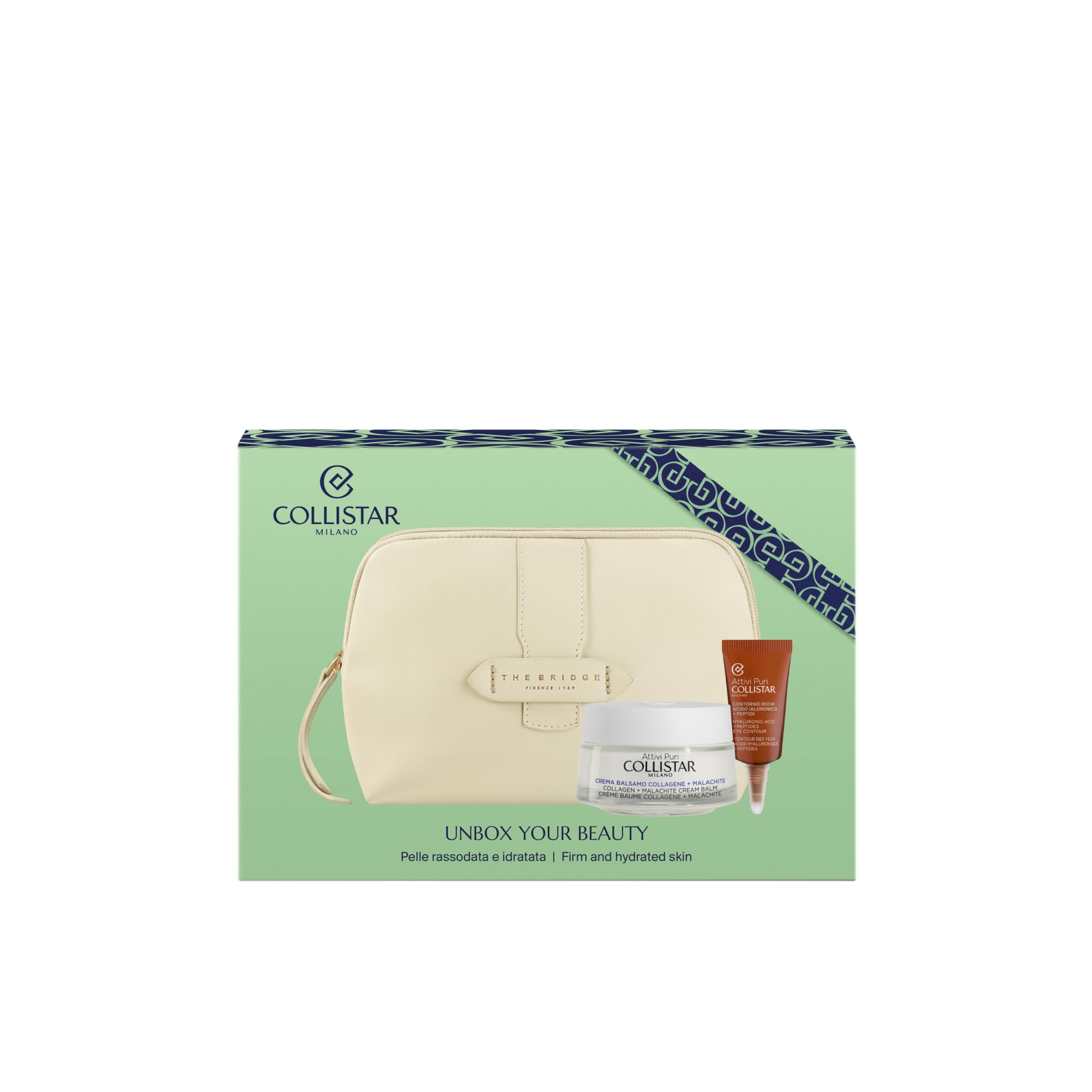 Collistar Cofanetto Attivi Puri Crema Balsamo Collagene e Malachite 50ml + Contorno Occhi Acido Ialuronico e Peptidi 5ml + Pochette The Bridge