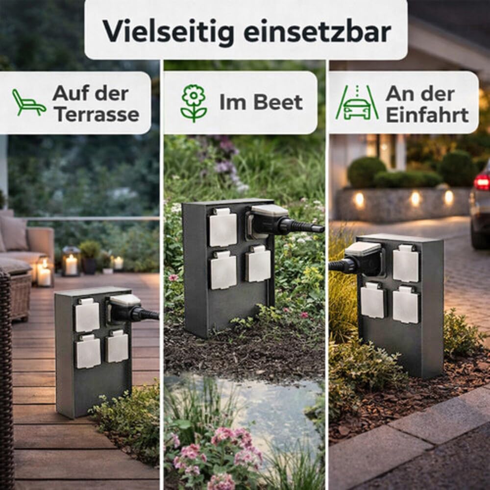 LED Universum Gartensteckdose 4-fach, Steckdosensäule aus Edelstahl, anthrazit, IP44 spritzwassergeschützt, 3680 W Gesamtleistung, kompakt 70 x 143 x 230 mm, Federklappdeckel für außen