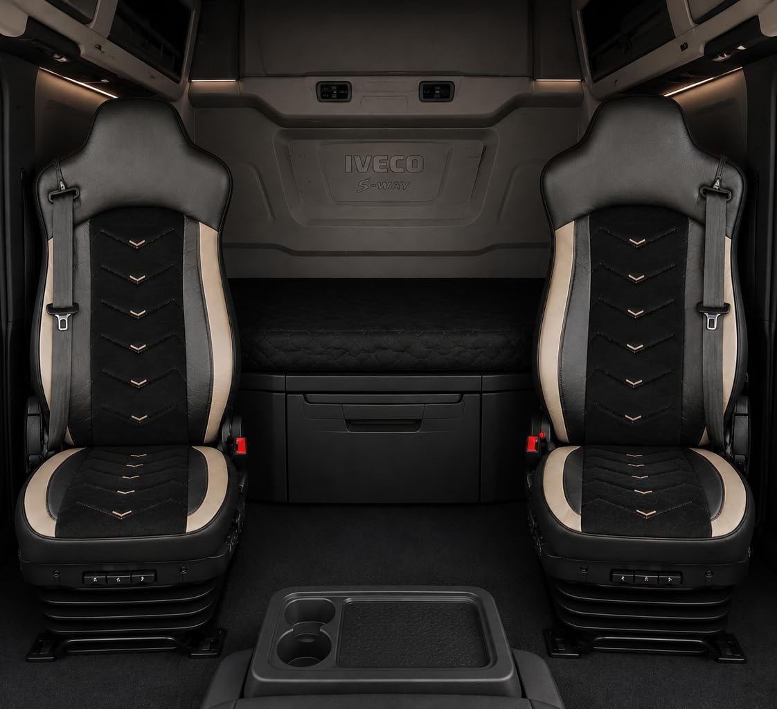 Generisch Fundas de asiento aptas para Iveco S-Way 2019 - Camión 1+1, piel/Alcantara, color negro con beige