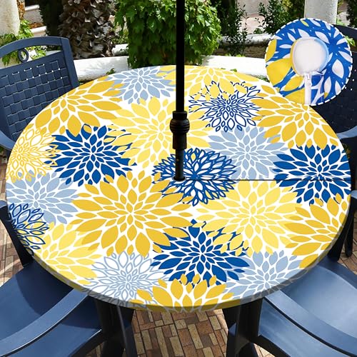 Round Outdoor Tablecloth with Umbrella Hole and Zipper Yellow Navy Floral Fitted Tablecloth Waterproof Patio Table Covers Elastic Outdoor Table Cloth for Picnic Garden (Yellow & Navy, 48" (Round))