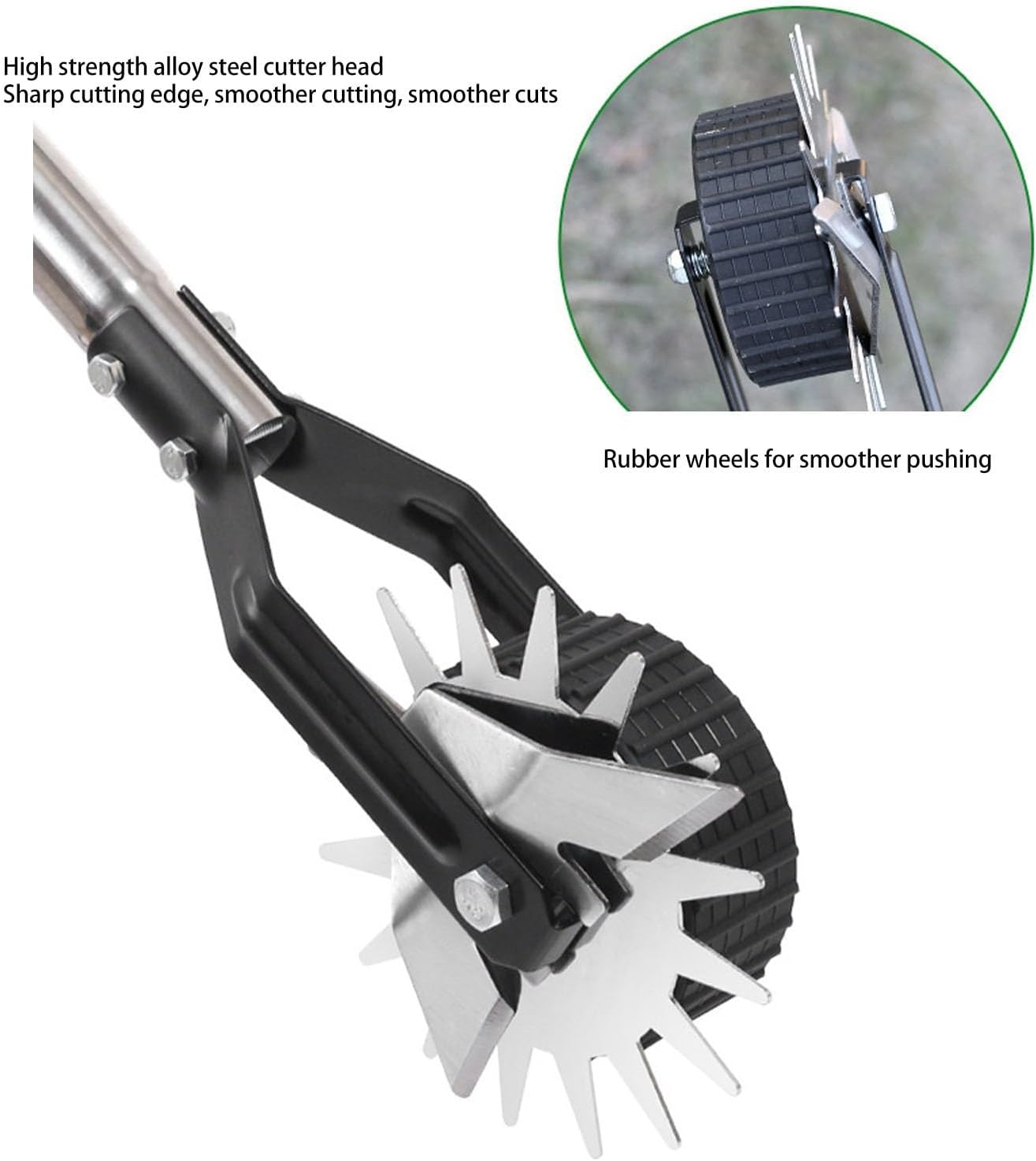 Close-up of alloy steel cutter head and rubber wheel of the edger.