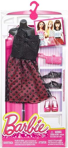 Barbie Moda - Coqueto divertido vestido de lunares rosa y negro con zapatos y bolso