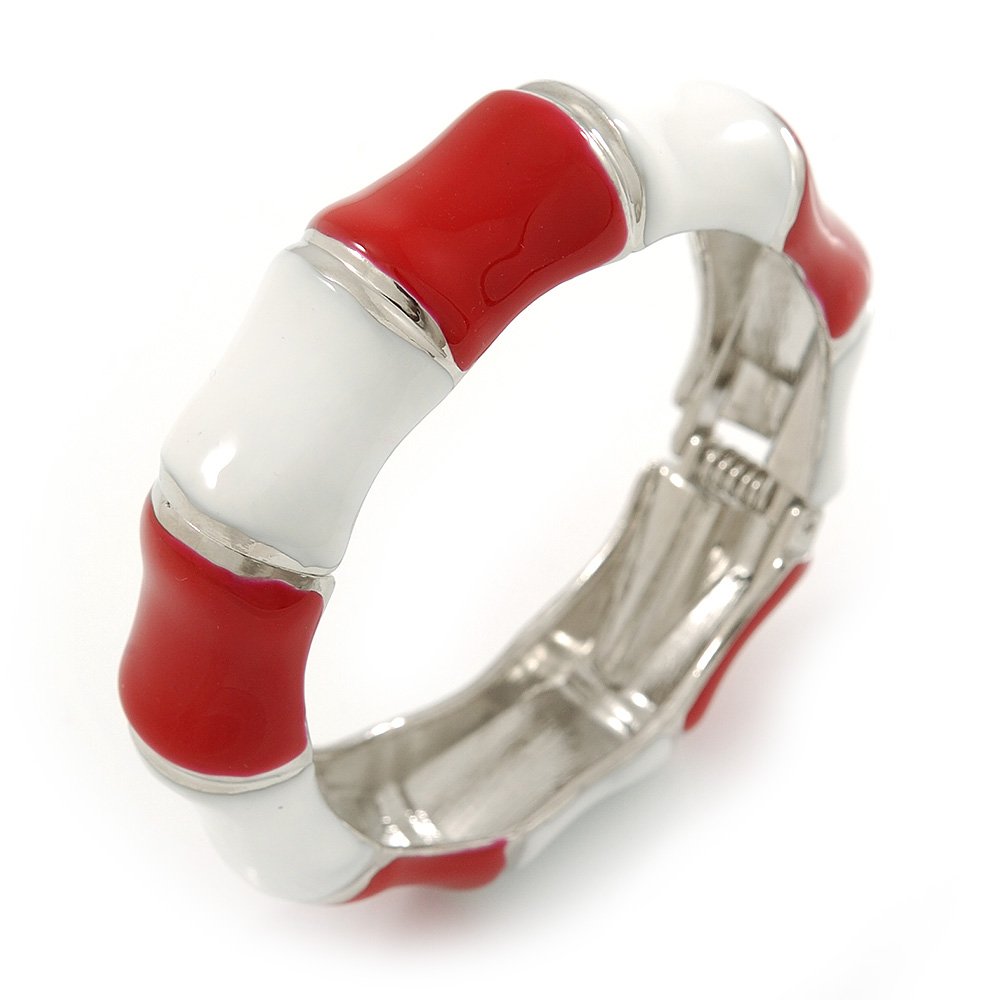 Avalaya Bracciale Rigido A Cerniera Segmentale - Smalto Rosso E Bianco, Placcato Rodio, 19 Cm