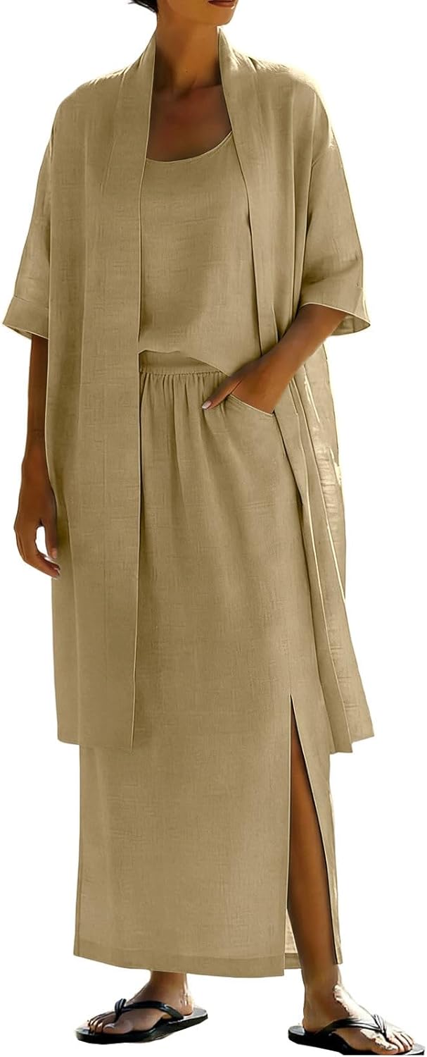 Womens 3 Piece Sets Summer Casual Linen Outfits Spaghetti Strap Tops Side Split Maxi Skirt Long Cardigans for Travel