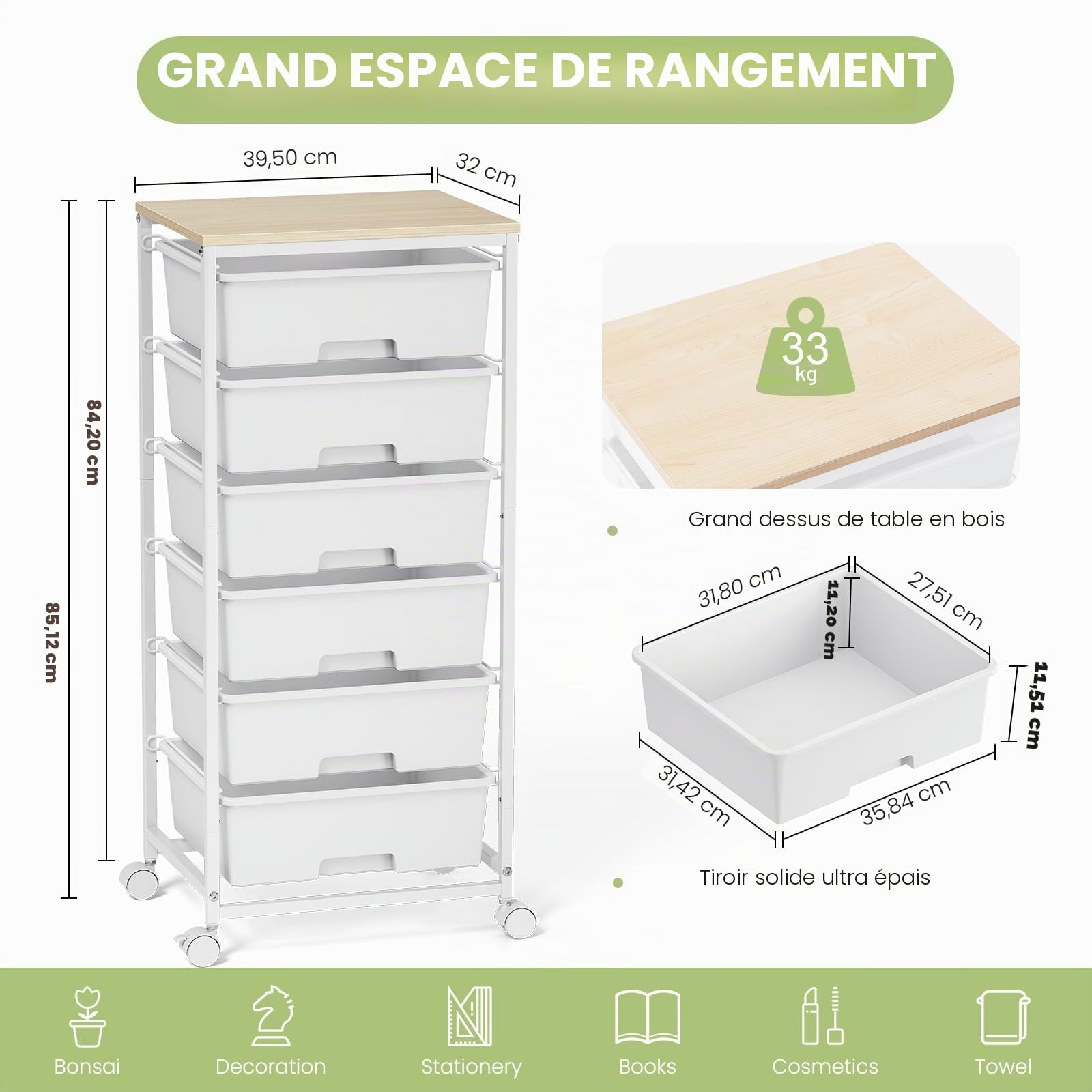 Chariot de rangement mobile à 6 tiroirs avec plateau en bois - Chariot de rangement mobile en plastique solide pour bureau, chambre d'enfant et salle de bricolage - Chariot de salle de bain avec roues