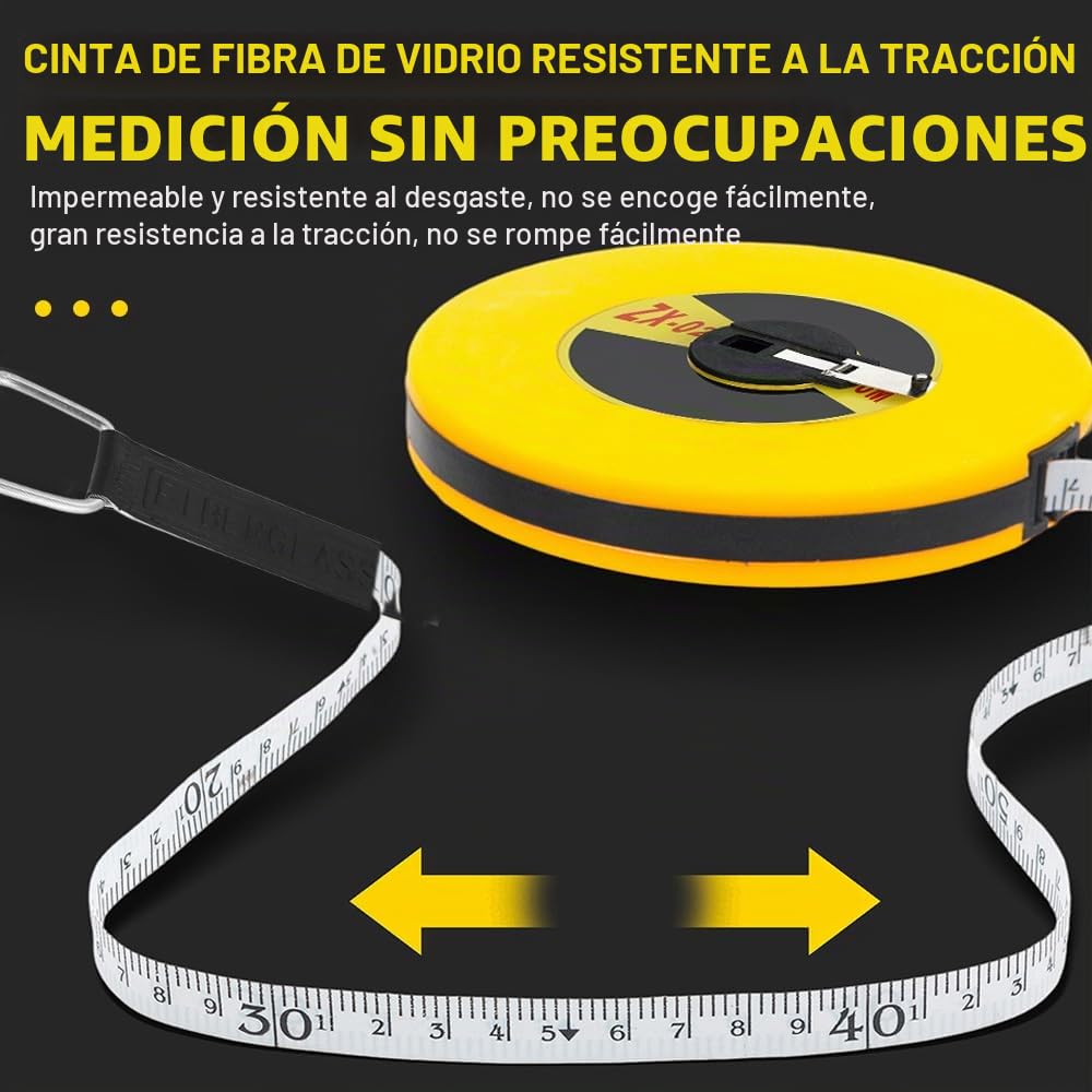 Cinta Métrica de Fibra de Vidrio 50 Metros, Cintas de Medir Largo, para Trabajos de Construcción, Medición e Instalación Eléctrica