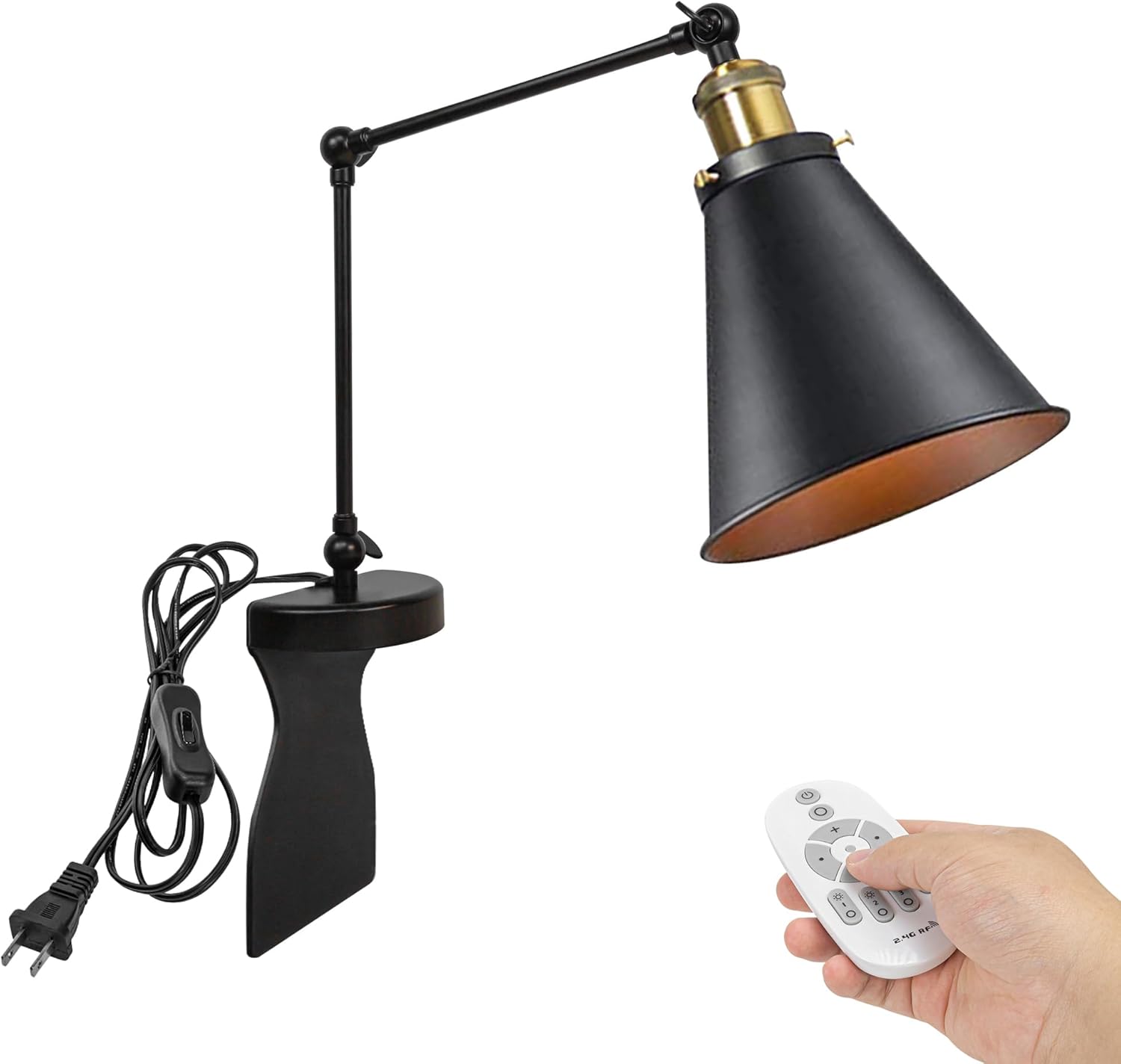 Kiven Headboard Reading Light, Dimmable LED Book Reading Lamp, Industrial Nightstand Lamp with Adjustable Swing Arm, 8.2ft Cord, Remote Control for Reading Bedside Side Table Desk, Black&Gold