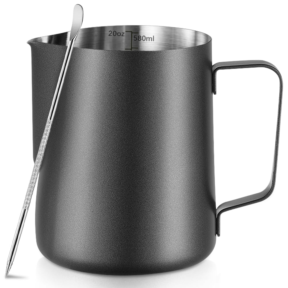Frothing Milk Pitcher, 20 oz/600 ml Stainless Steel Frothing Milk Jug with Latte Art Pen,with Internal Measurements, for Cappuccino, Espresso and More-Black