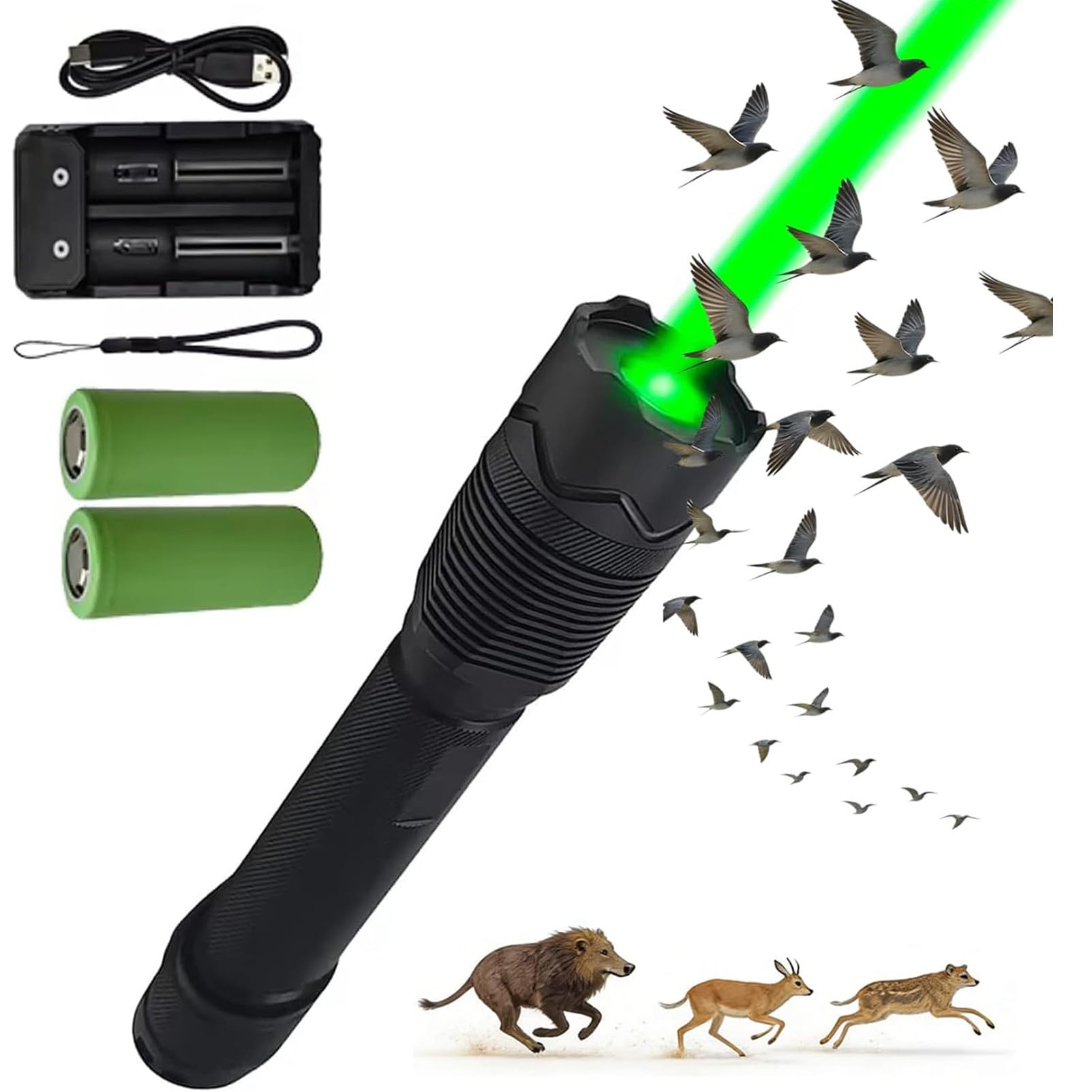 Pnpaea Handheld Bird Chaser Deterrent, Rechargeable Green Bird Repeller, Portable Bird Scare Devices, with Flashlight Function, for Camping, Orchard, Warehouse A