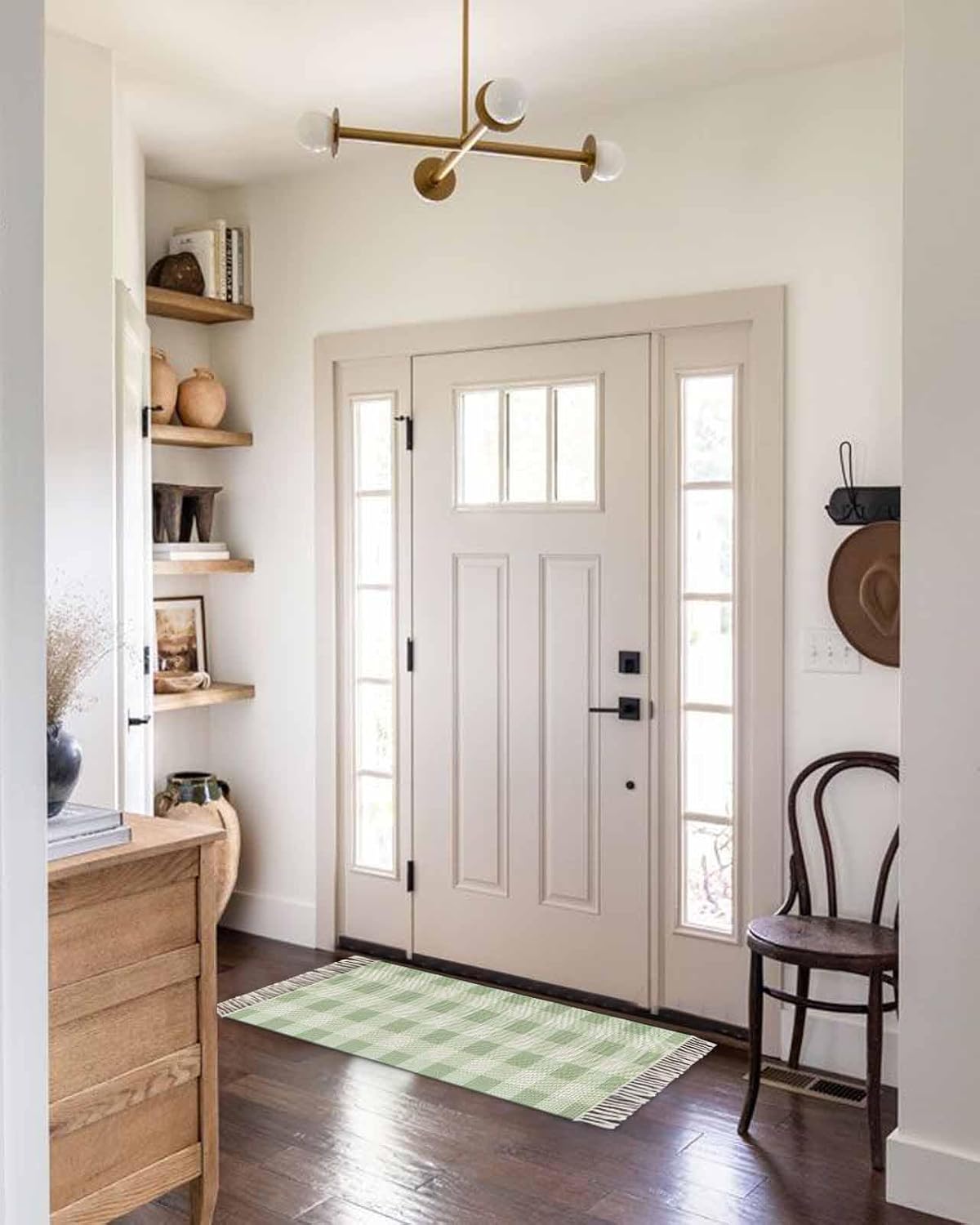 Sage Green Buffalo Check Rugs for Entryway 2 x 5 Ft, Farmhouse Sage Green Laundry Room Rug Washable, Buffalo Plaid Absorbent Bath Door Mat Tassels Rug Indoor Runners for Hallway