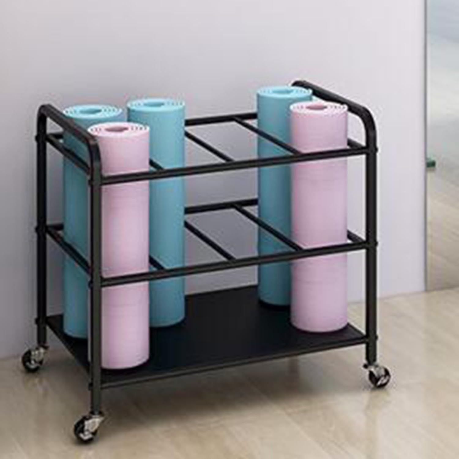 Large Capacity Yoga Mat Storage Rack with Wheels, Portable Exercise Equipment Organizer for Yoga Blocks, Foam Rollers, Gym Accessories - Efficient Home Gym Solution (B image 3