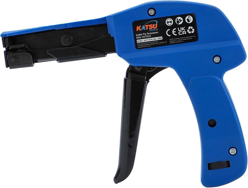 KATSU Tools Kábelkötegelő Pisztoly - Professzionális Nylon Kábelkötöző Feszítő és Vágó Eszköz, Állítható Feszességgel, 2,4-4,8 mm, Kék (4175
