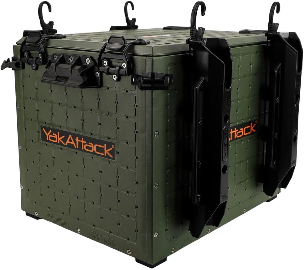 YakAttack BlackPak Pro Kayak Fishing Crate - Ranger Green | 13" x 16" Riggable Kayak Gear Storage System with Hinged Lid, GridLoc Mount Panels & 4 TetherTube Rod Holders | Lightweight Tankwell Crate