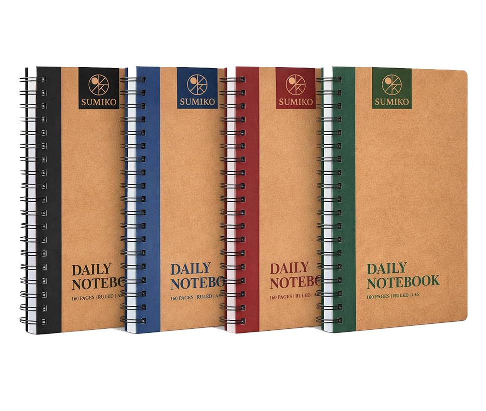 Image of AccuPrints Sumiko Pack of 4 Notebooks, Spiral-Bound, Kraft Cover, Lightweight, Pleasing Designs (A5, 160 Pages, 100 GSM, Set of 4)