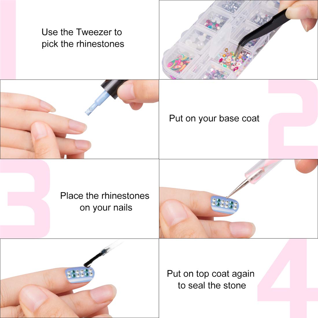 5 Boxes Nail Art Rhinestones Crystal Stud Charms, Professional Nail Stone Gems Jewelry Design Kit for Nail Diamond Decoration Craft with A Picker Wax Pencil and A Pick UP Tweezer1