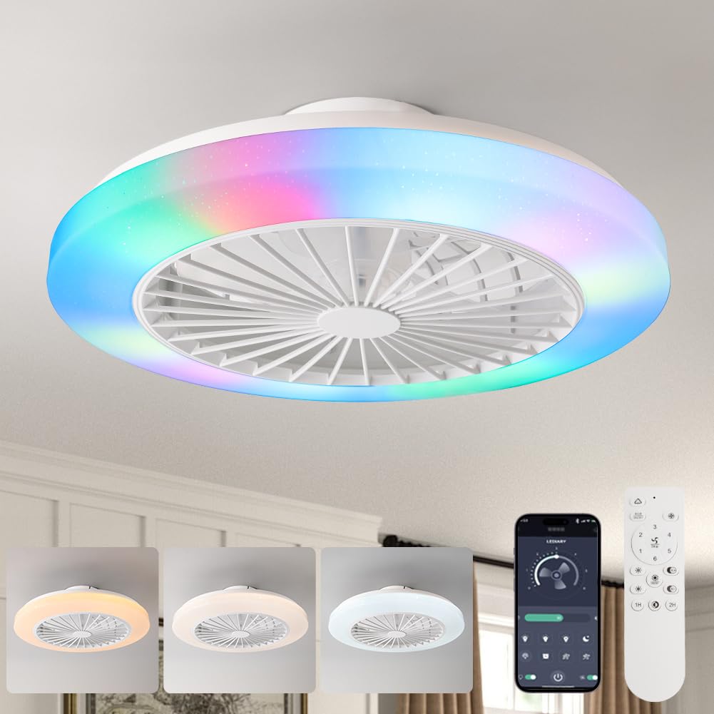 Modern RGB Ceiling Fans with Lights and Remote, 20" Dimmable Low Profile Ceiling Fan with Light, Flush Mount Bladeless Ceiling Fan with Light, Reversible & Noiseless, 6-Speeds Fan Light - White