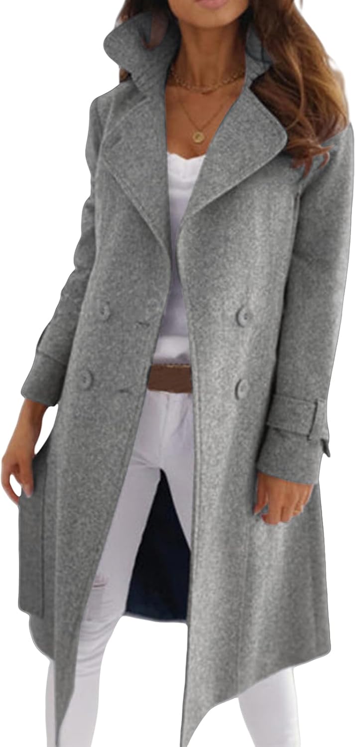 Mmoneyake Women's Winter Wool Coat Mid Long Pea Trench Coat Notch Lapel Double Breasted Peacoat Fall Lapel Jacket Outwear