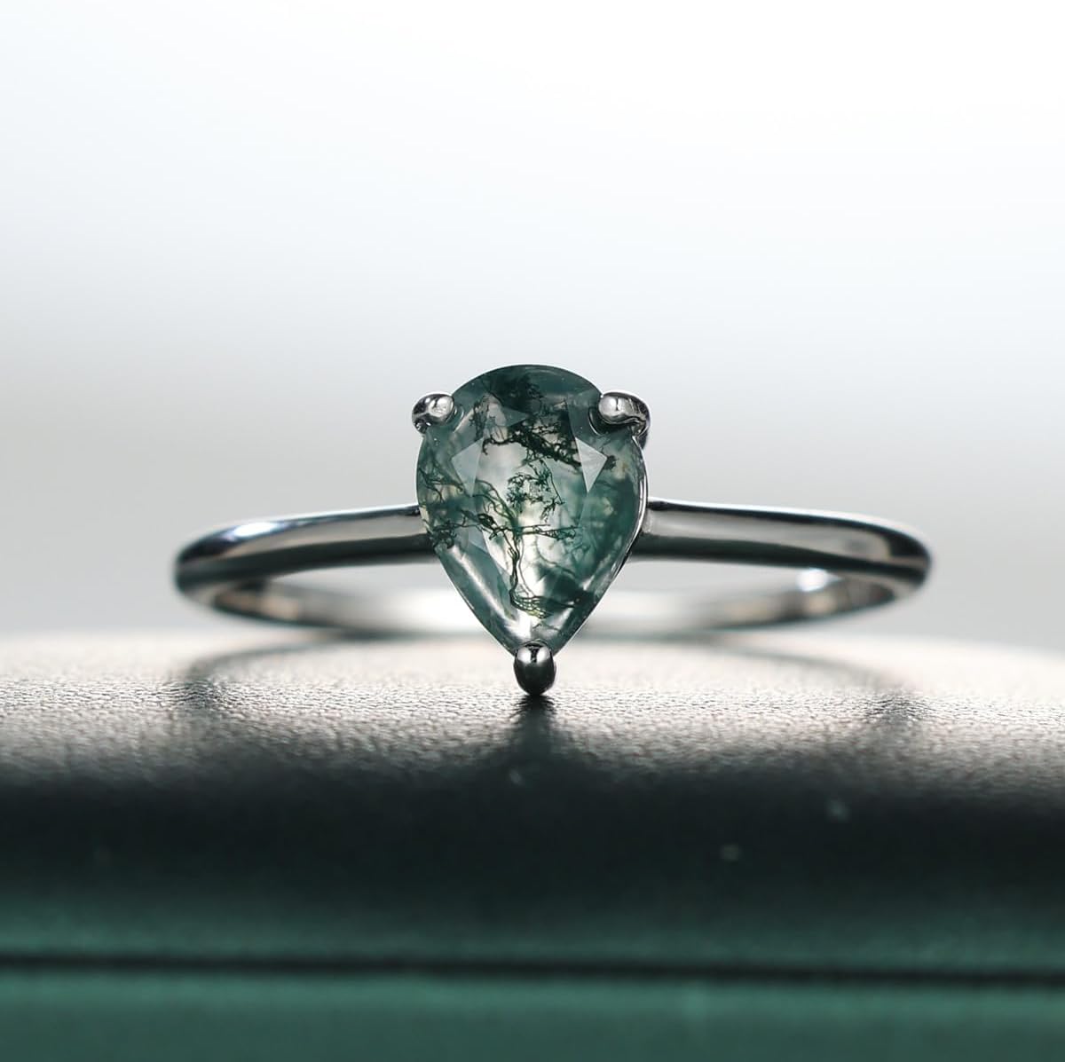 Natural Moss Agate Ring 925 Sterling Silver Teardrop Engagement Promise Ring for Women Jewelry Gifts (9, Silver) - Image 4