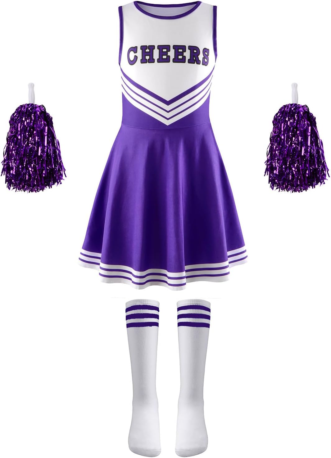 Adando Cheerleading Costume: School Game Cheerleading Uniform for Girls 120cm-Breathable Milk Silk Dress with Pom Poms & Socks- School Games, Dubai Carnival, UAE National Day, Birthday Party